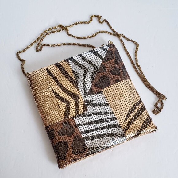 VINTAGE 70s Disco Gold Metal Mesh Bag Chain Crossbody Animal Print Retro Groovy - Picture 3 of 13